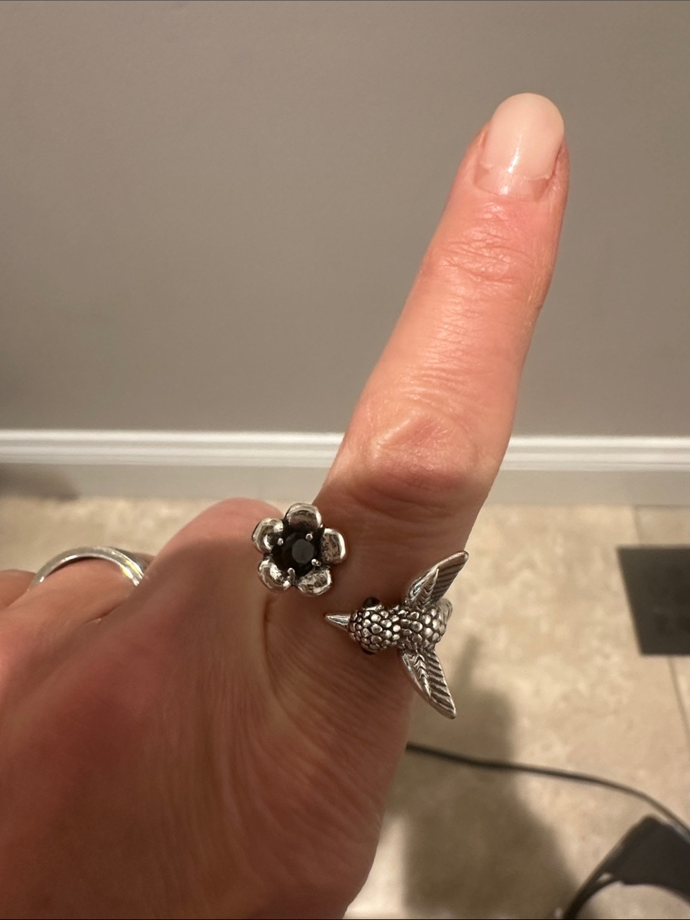 Silver Floral and Hummingbird Open Ring - Black Stone Accent